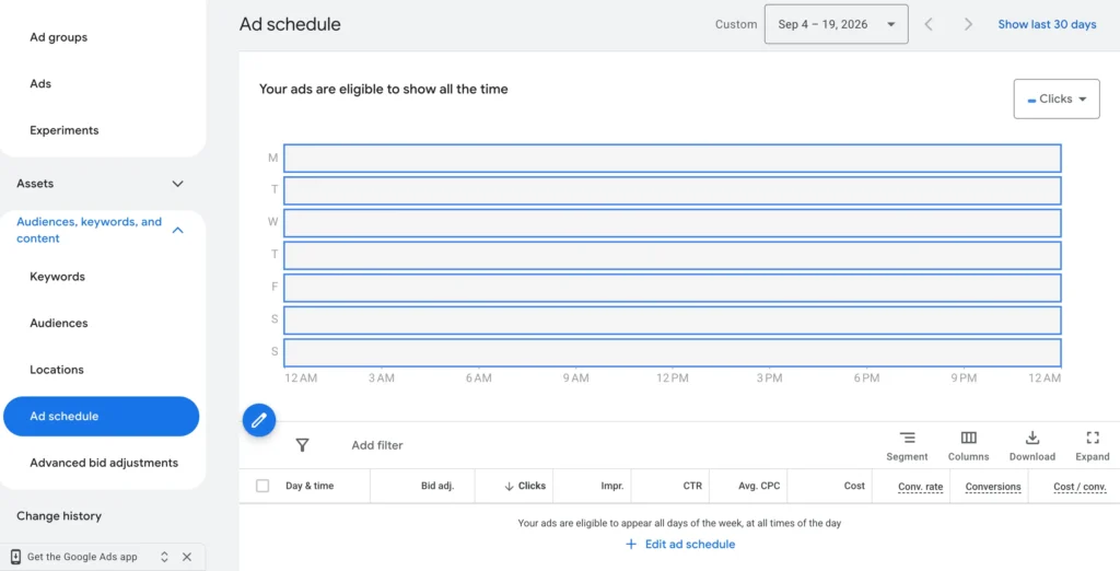 Google Ads scheduling example